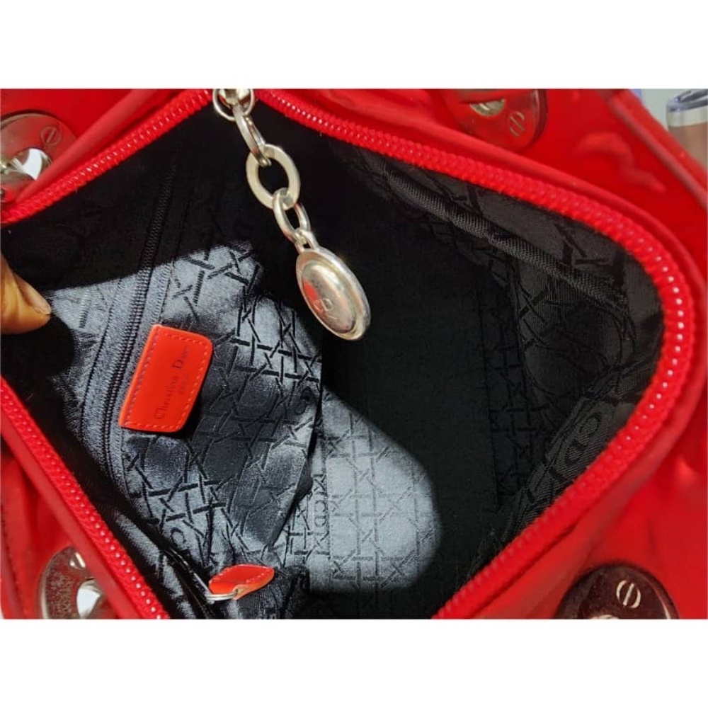 Authentic Christian Dior Vintage Canage Quilted Nylon Lady Dior Hand Bag Red - Picture 11 of 15